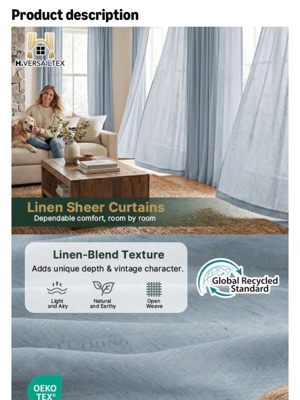 H. Versailtex Teal Linen Sheer Curtains 72” 6 Panels Grommet, Soft Flax Blended